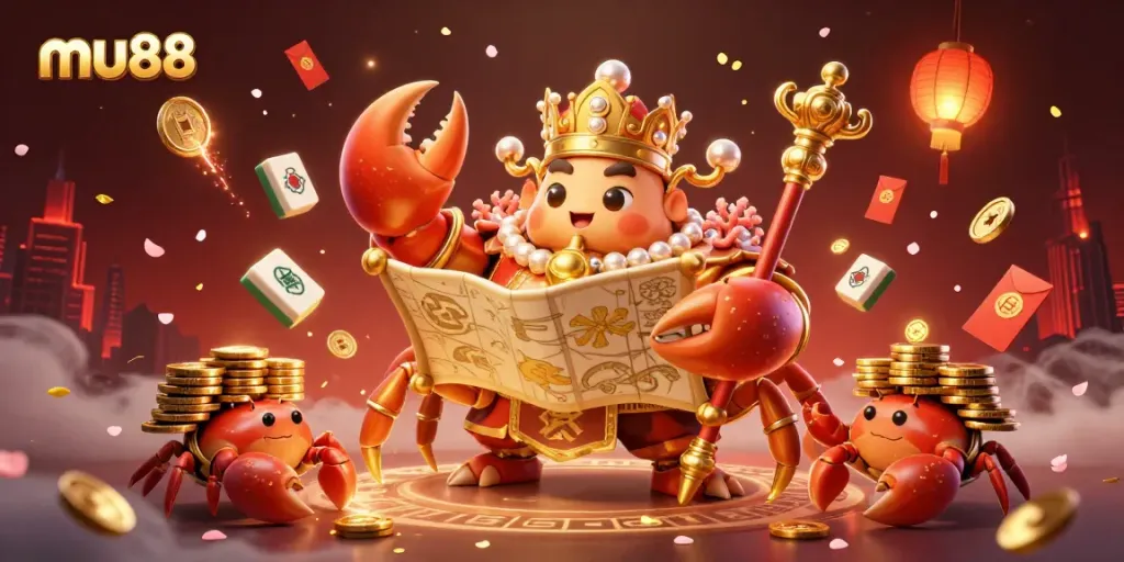 Engage with mu88 in a vibrant 3D casino scene featuring a majestic golden crab emperor and dynamic gaming elements.