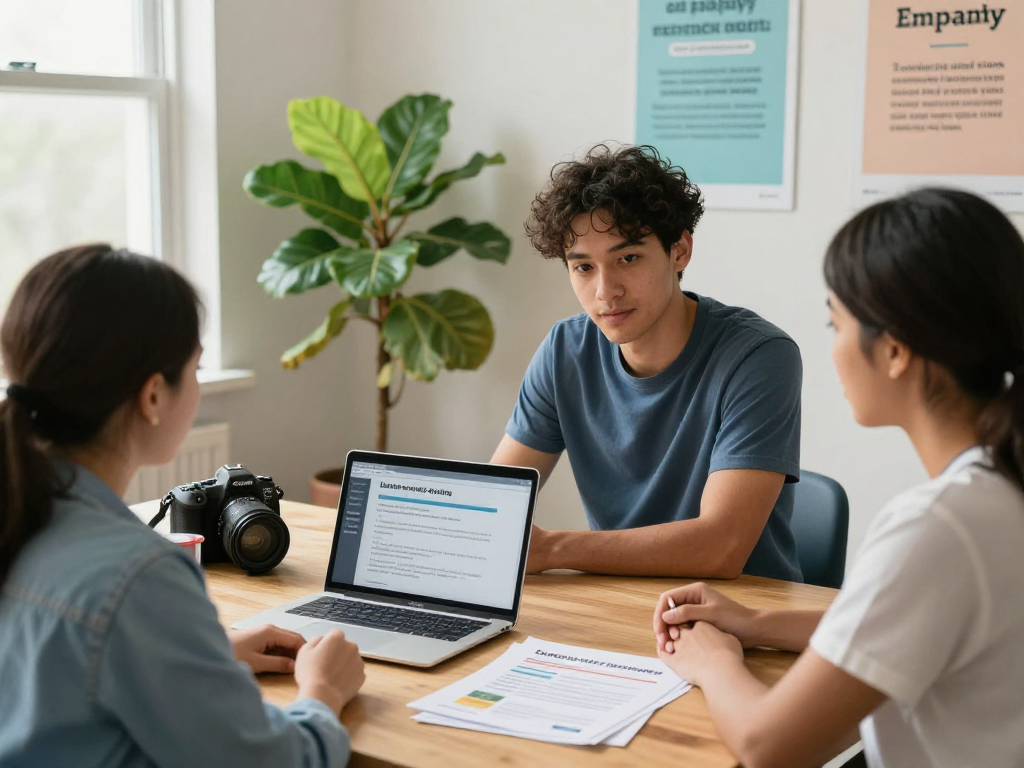 Engaging scene in a consultation space for Soziale Einrichtungen, highlighting a team member discussing digital privacy with a caregiver amidst supportive materials.
