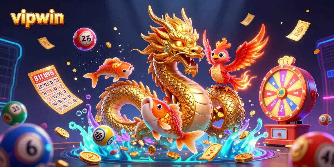 Experience the thrill of vipwin with a dynamic 3D casino scene featuring a dragon and phoenix!