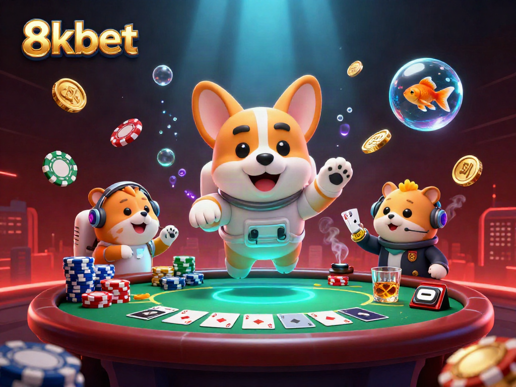 Engage with 8kbet's exciting space casino adventure featuring a cartoon astronaut corgi and vibrant gaming elements.