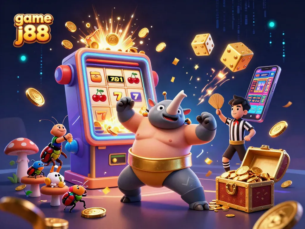 Feel the excitement of game j88 with a rhinoceros beetle sumo champion amidst a vibrant casino scene bursting with coins and game symbols.