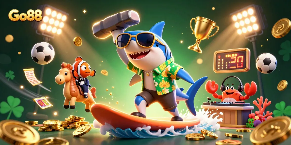 Experience thrilling gameplay at Go88 with vibrant 3D characters amidst gold coins and sports elements.