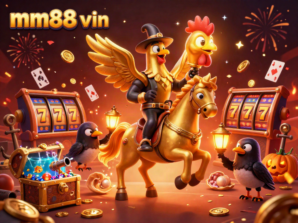 Engage with mm88 vin in a vibrant casino scene with a golden rooster atop a spectral horse.