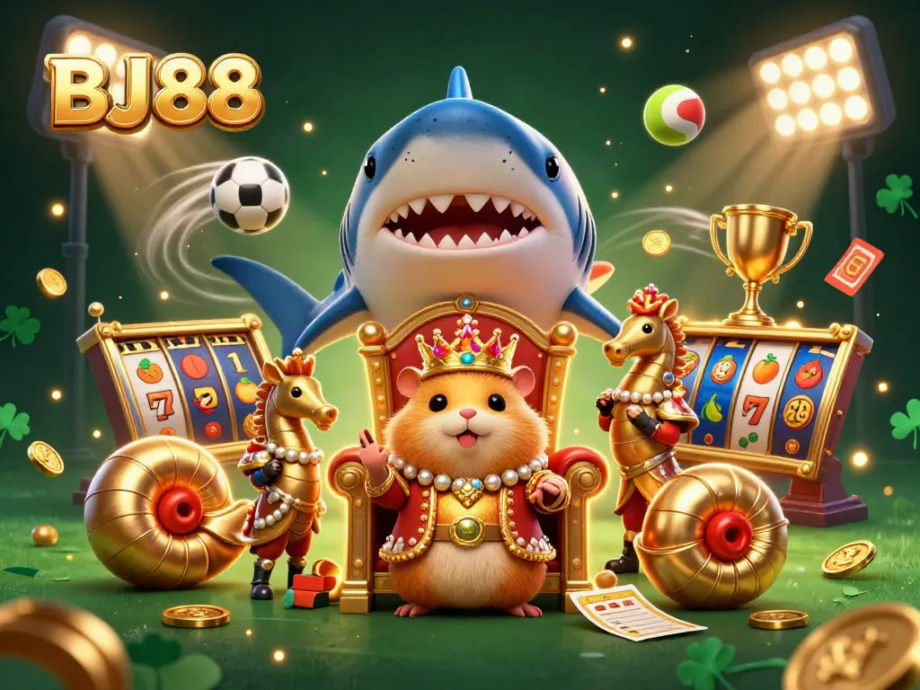 BJ88 Casino offers a dynamic and vibrant gaming scene with a golden hamster king on a megalodon throne.