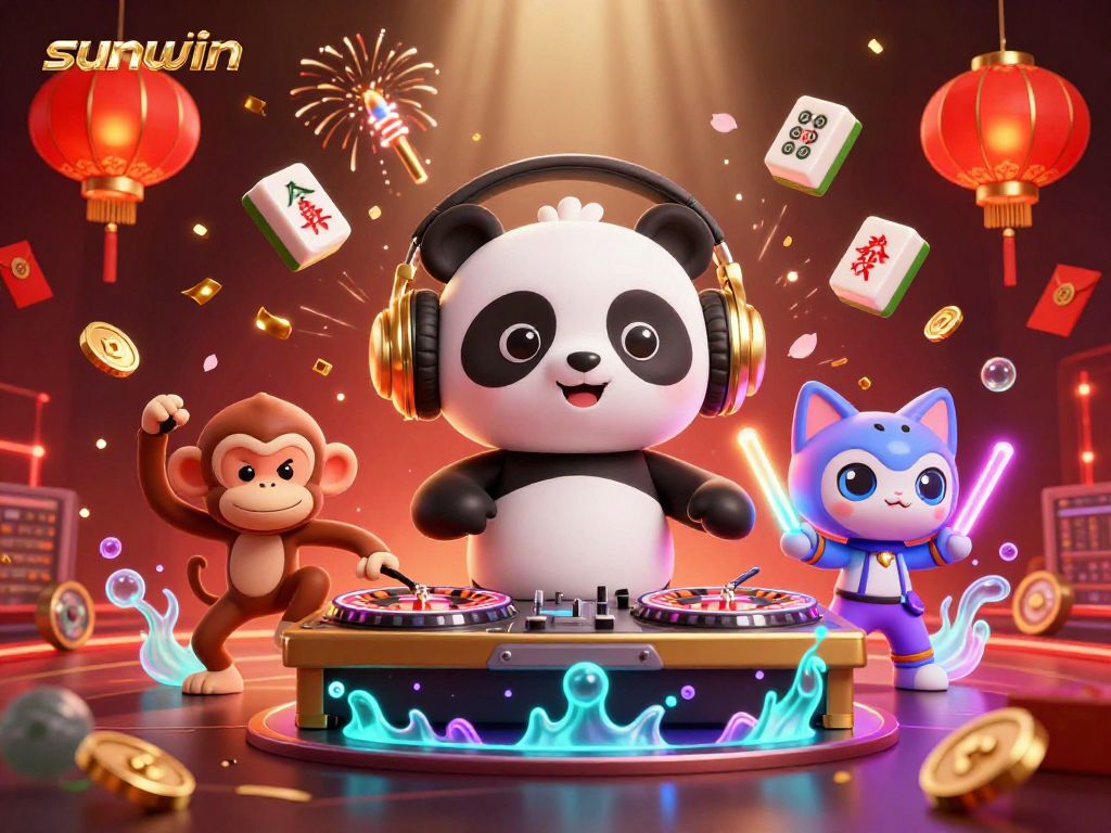 Experience vibrant gaming with sunwin, showcasing lively characters and casino elements.