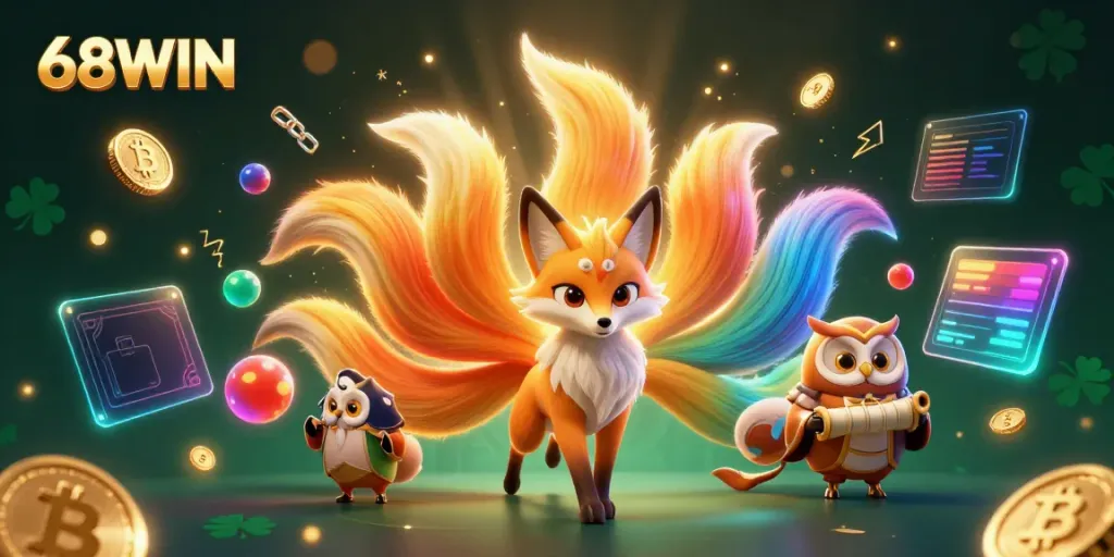 Engage in thrilling gaming experiences at 68WIN with enchanting characters amidst cryptocurrency elements.