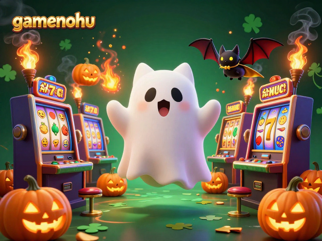 Engage with gamenohu's lively 3D casino scene featuring a playful ghost cat, a bat, and vibrant slot machinery.