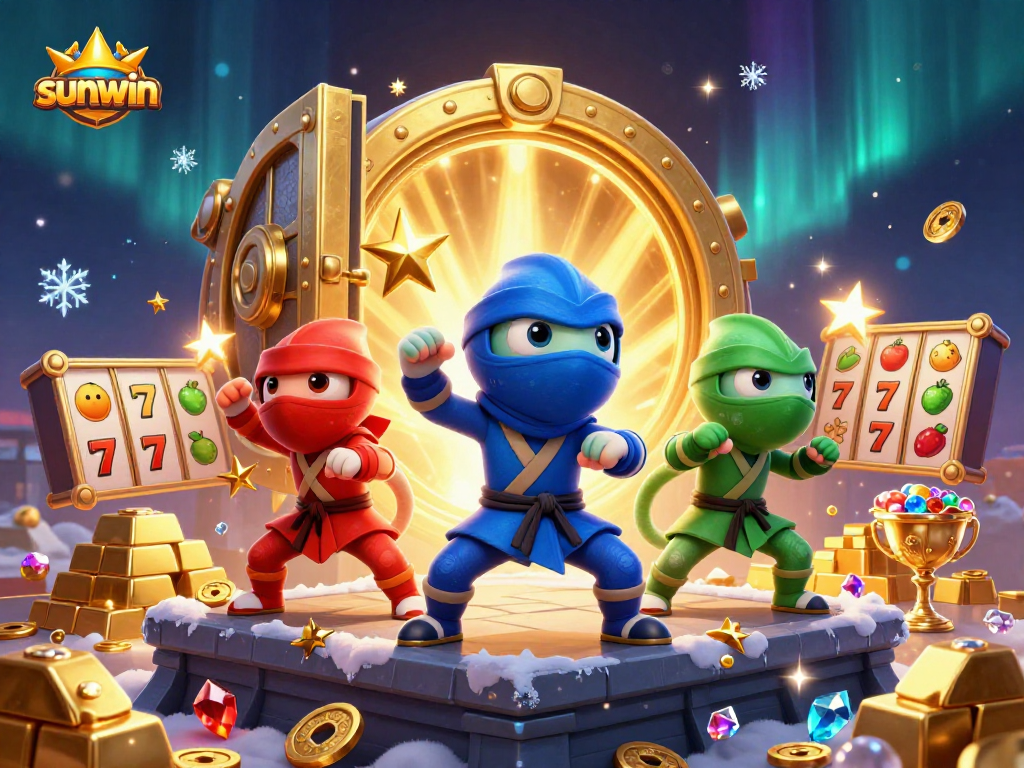 Experience the thrill of winning with sunwin as chameleon ninjas showcase dynamic martial arts among slot reels and treasures.