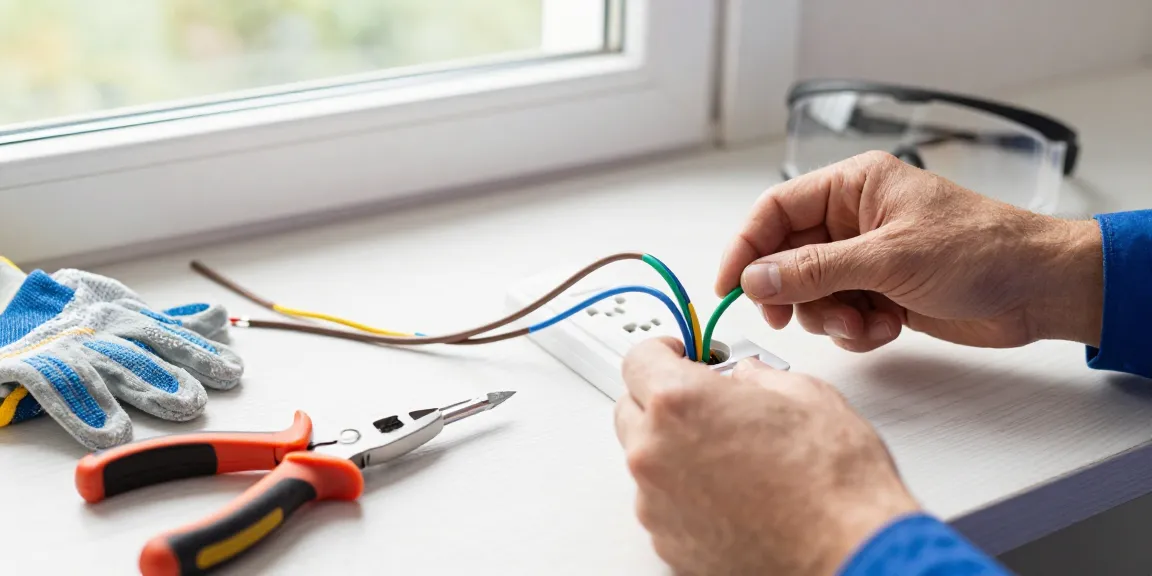 Steckdose anschließen Anleitung mit drei Kabeln in einer Werkstatt, Elektriker erklärt die Farben und den Anschluss.