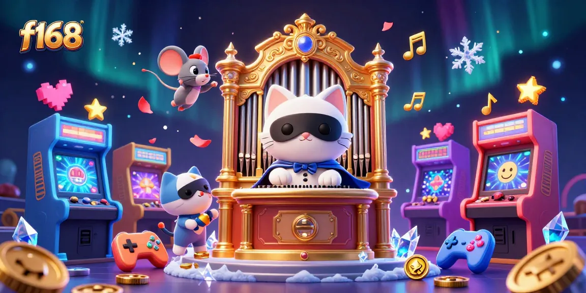 Play thrilling games at f168, featuring a whimsical casino scene with a masked cat and acrobat.
