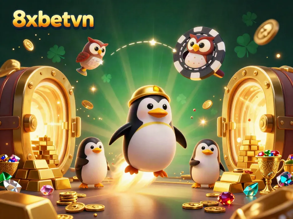 Experience the excitement of 8xbetvn with a golden penguin racing toward a dazzling casino space station.