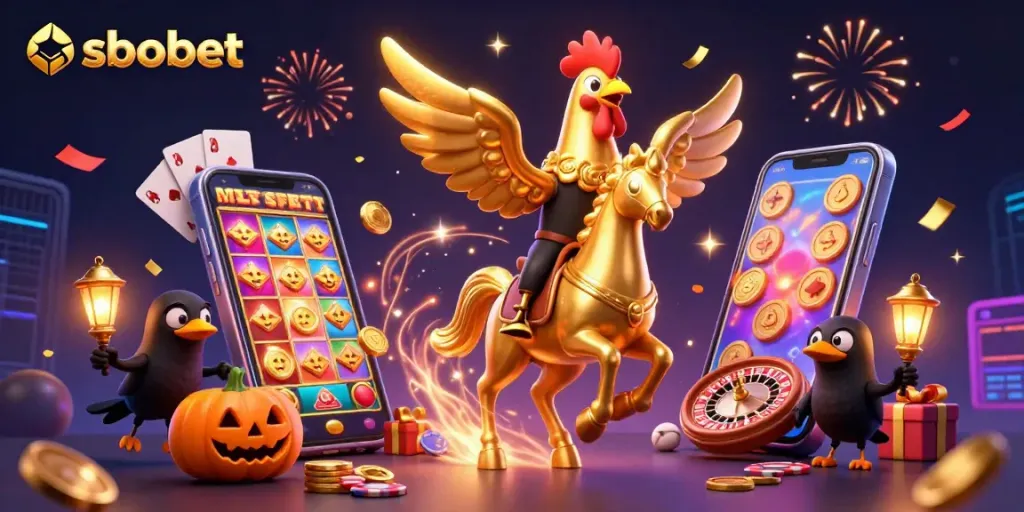 SBOBET's vibrant illustration of a golden rooster in a magical casino scene featuring engaging slot games and festive elements.
