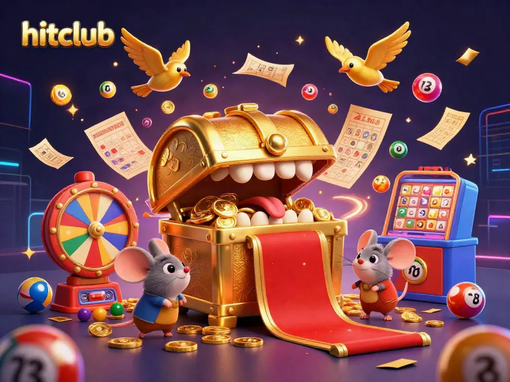 Engage with the hitclub magical scene of treasure chests, adventure mice, and colorful lottery elements.