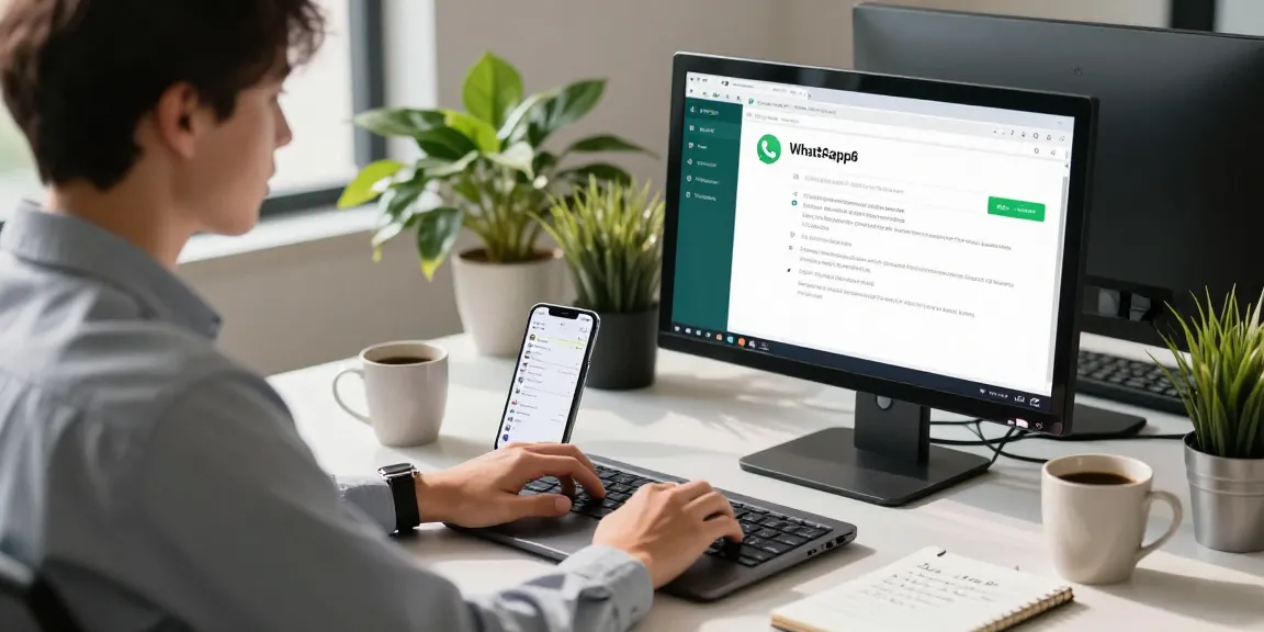 Professional workspace featuring WhatsApp電腦版 on screen, with a laptop and smartphone, embodying modern tech for productivity.