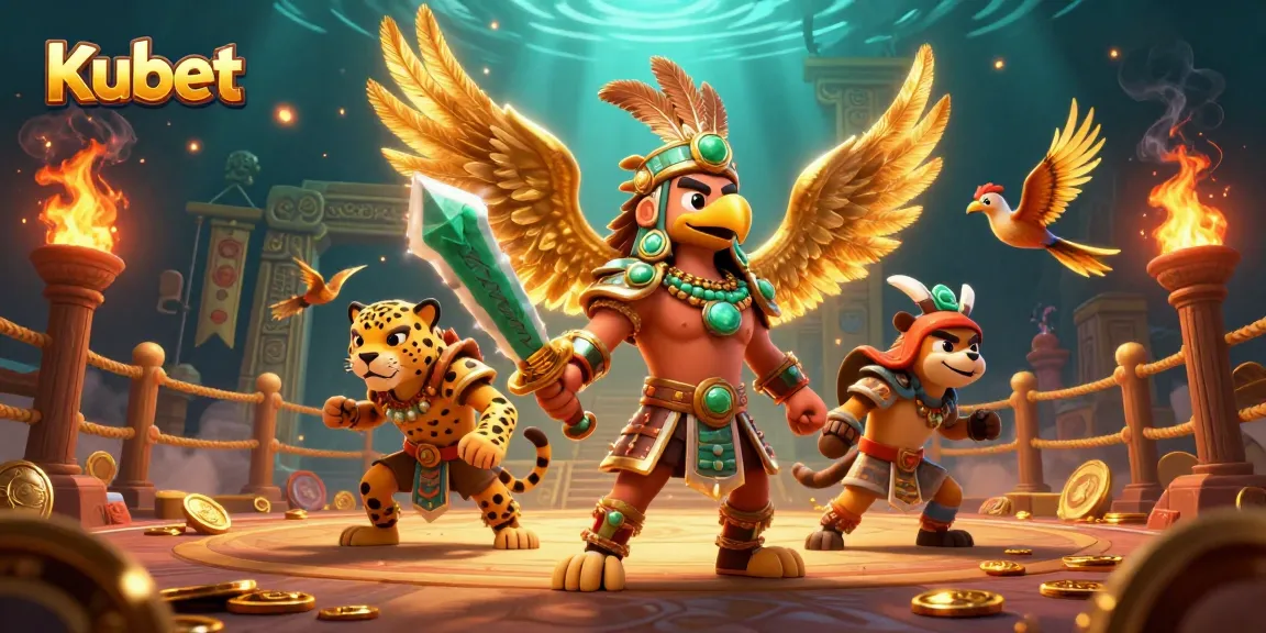 Kubet showcases an epic online casino scene with Aztec warriors and golden game tokens.