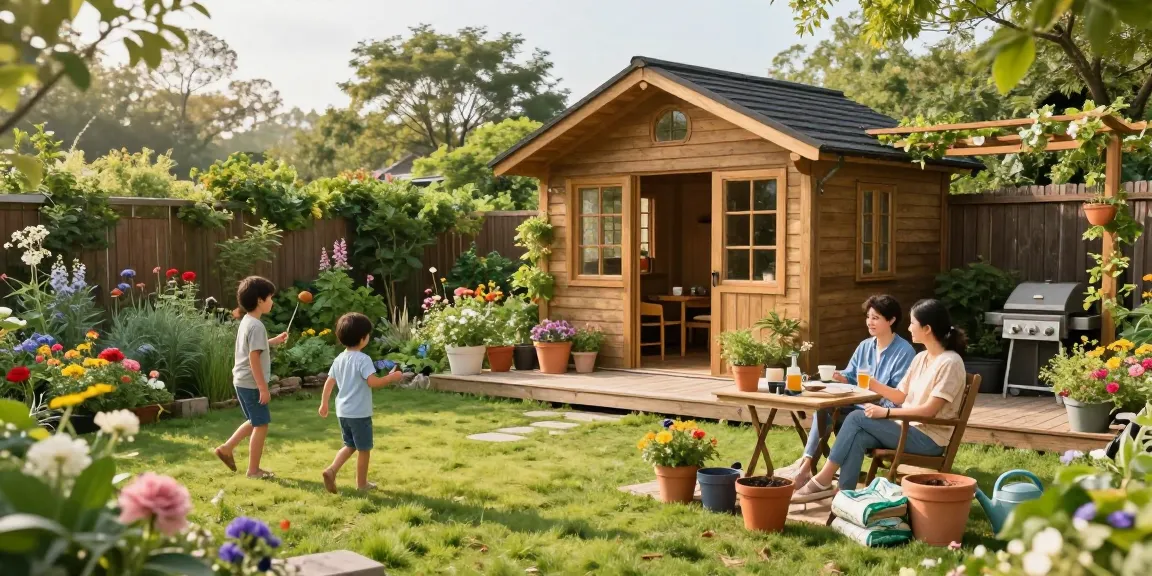 Ein gemütliches Gartenhaus umgeben von Blumen und spielenden Kindern, ideal für Gartenliebhaber. Gartenhaus von McGarden24.