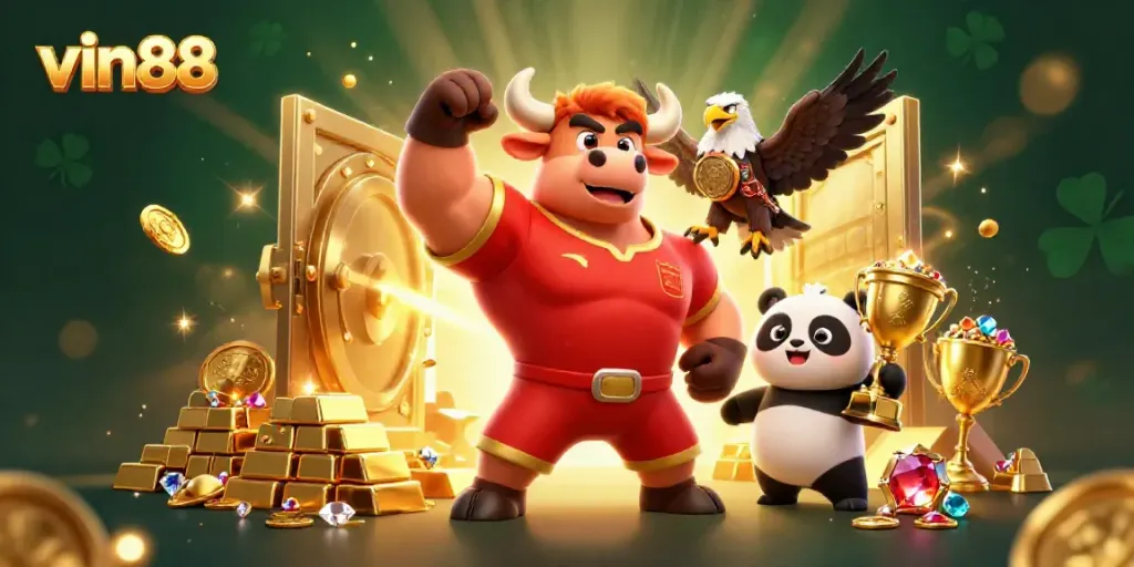 Join vin88 for an exhilarating gaming adventure featuring a bull mascot, eagle, and panda celebrating riches.