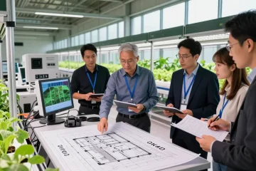 CIKA4D indoor agriculture team designing innovative vertical farming solutions in a modern workspace.