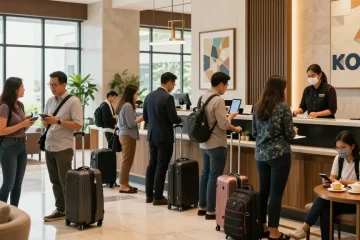 Experience the modern hospitality at rokok88's Jakarta Barat hotel lobby with diverse travelers.